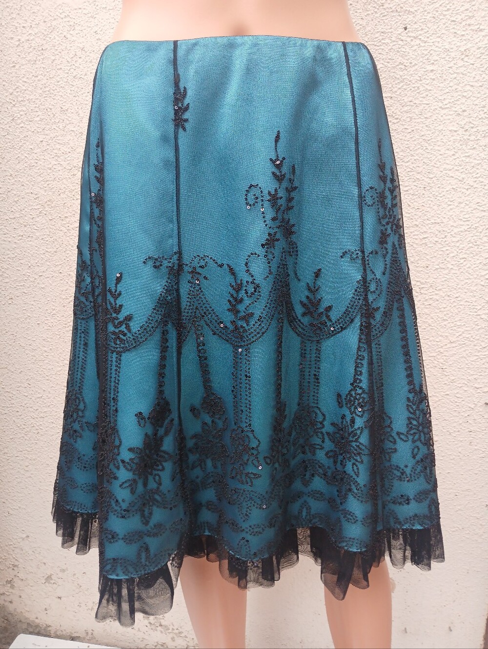 Adrianna Papell Teal Black Sequin Embroidered Tulle A-Line Skirt Size 6P